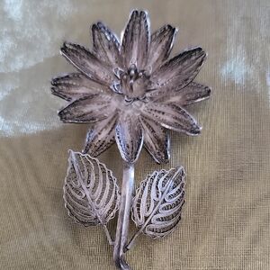 Vtg. Mexican Silver Cannetille Filigree Flower Brooch